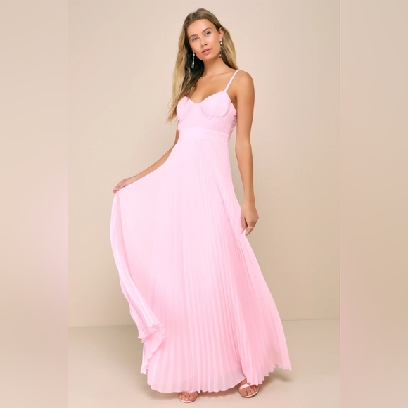 Lulus Certainly Lovely Light Pink Pleated Bustier Maxi Dress Wedding Party Prom - Picture 2 of 8